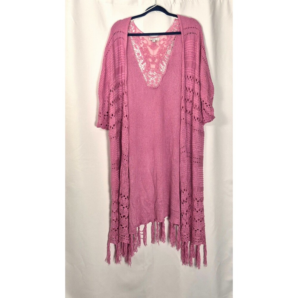 Mauve Boho Fringe Women's 2XL Lace Crochet Open Duster Cardigan Pink Purple